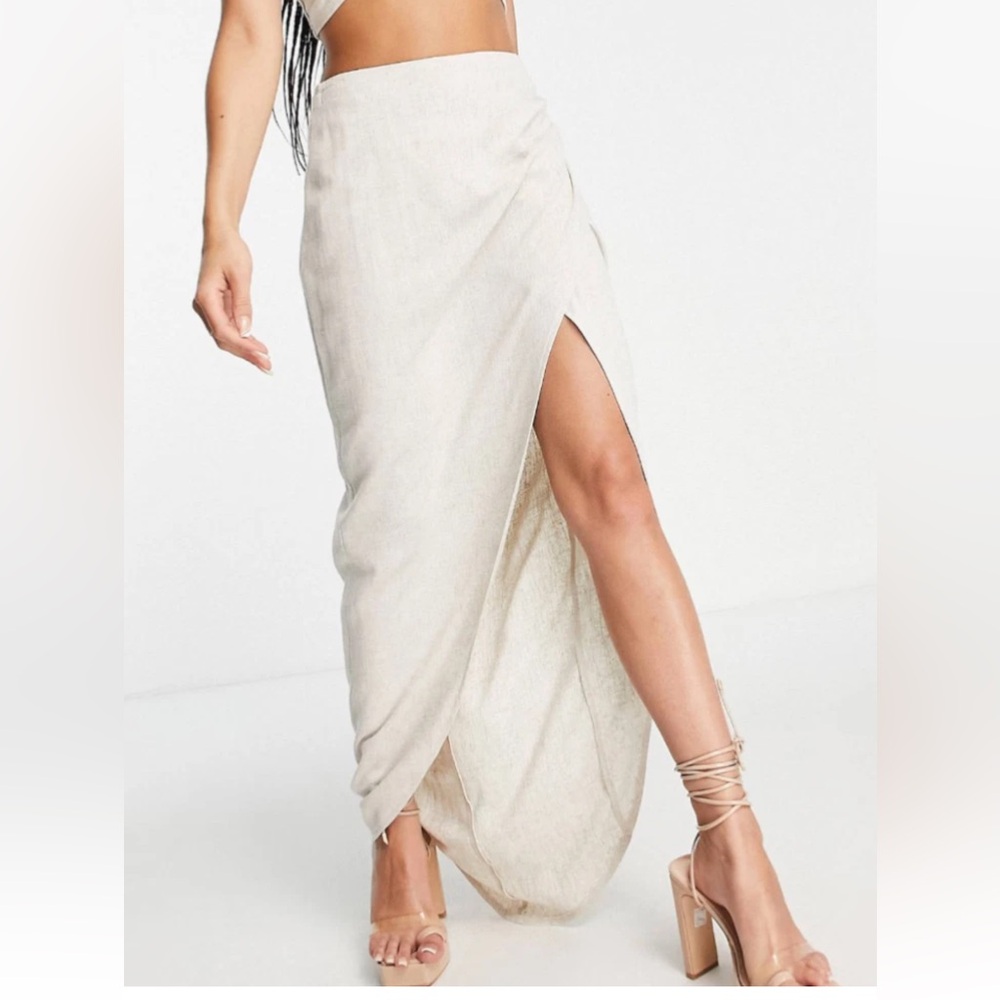 Flounce London Natural Linen High Waist Maxi skirt